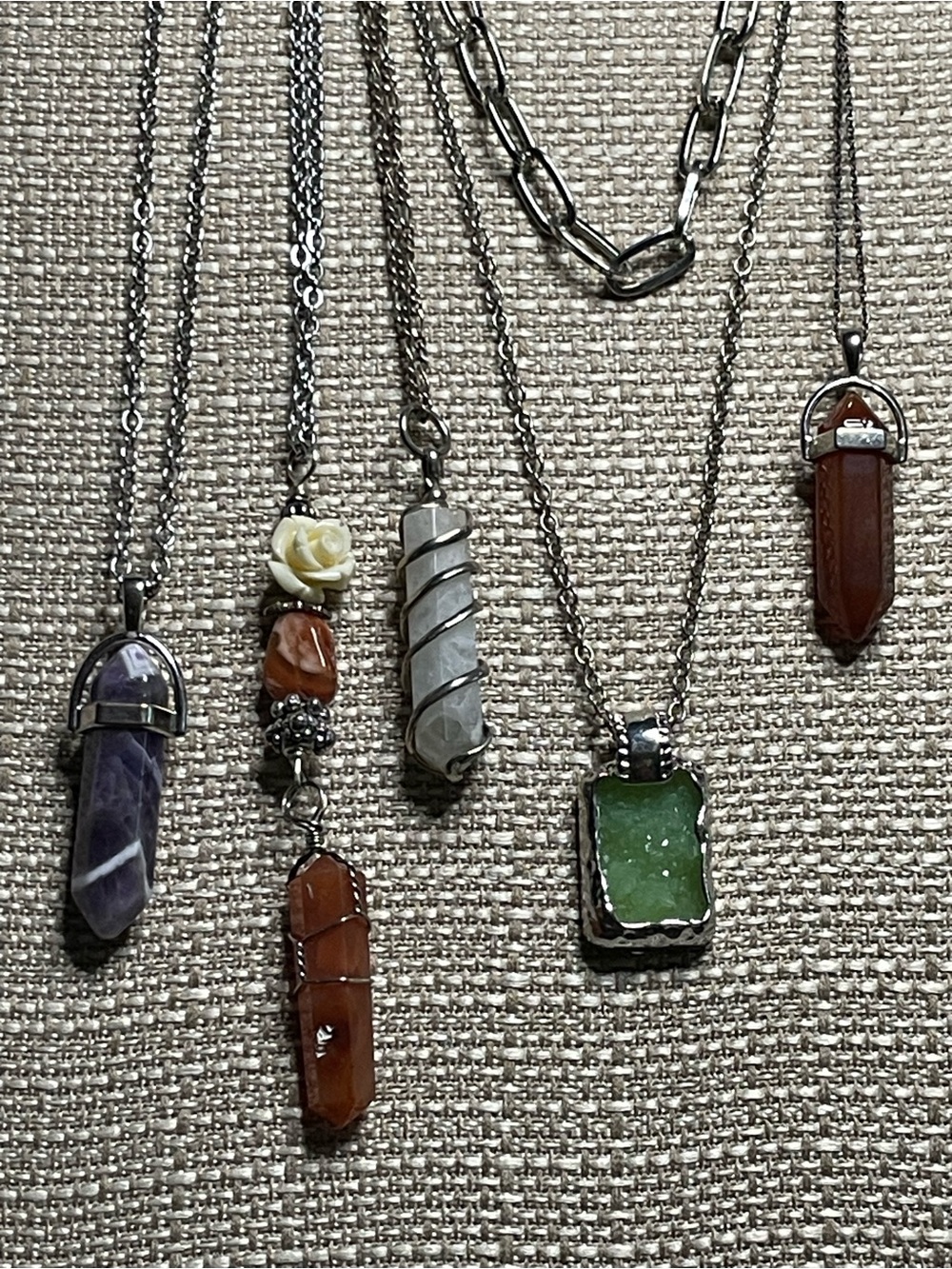 Lot of 5 pendants assorted Amethyst Cornelian Quartz green Crystal Cornelian